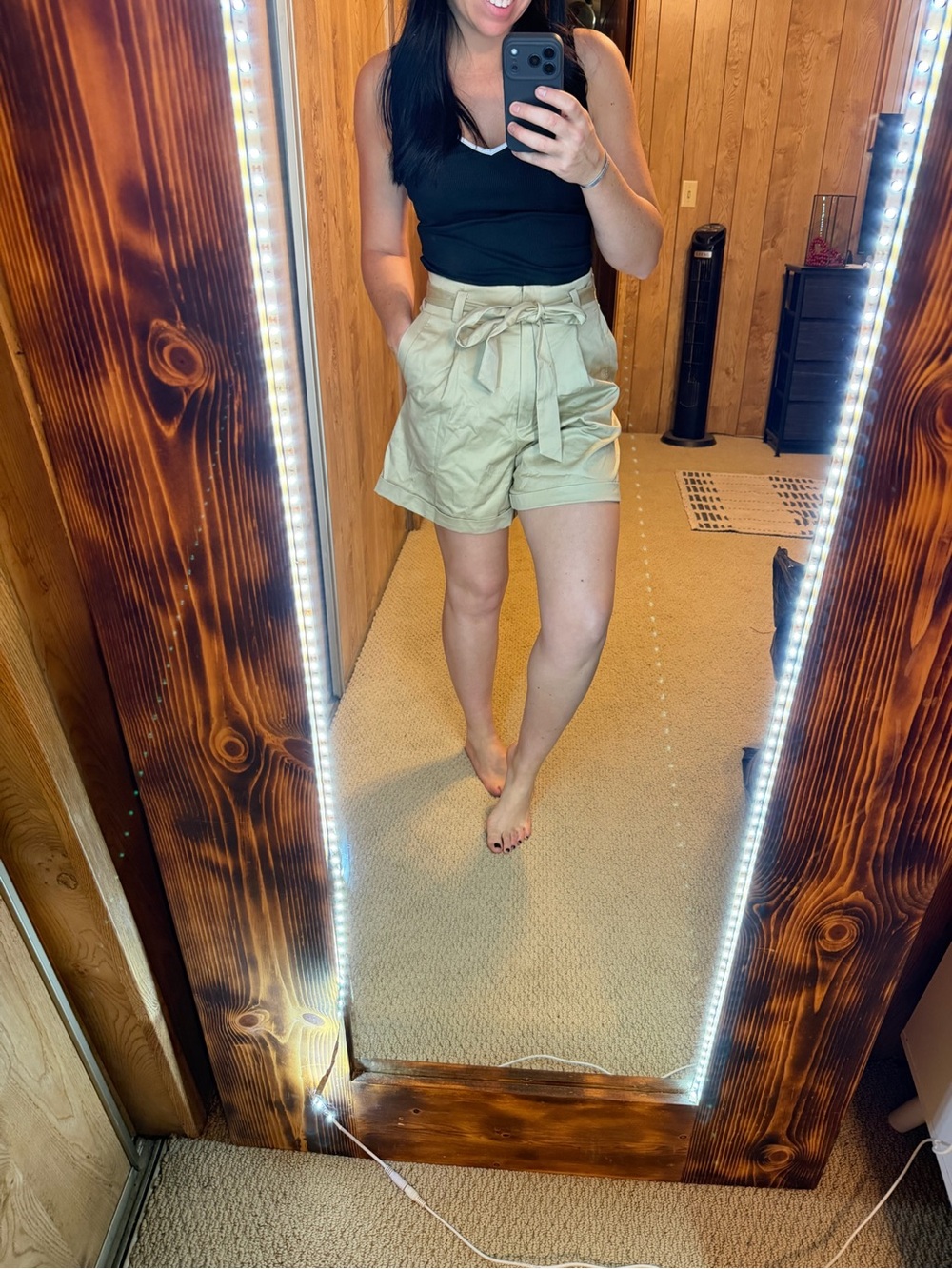 High-Waist Paperbag Shorts in Khaki